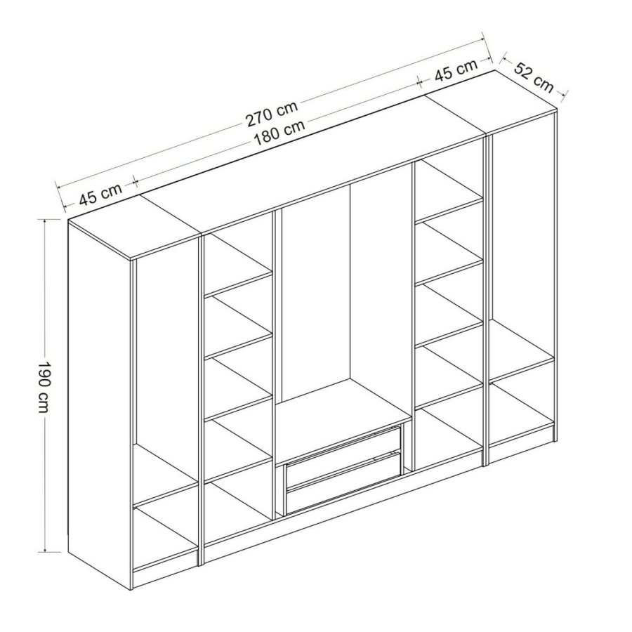 FUNZI LIVING 3077 garderobeskab, 6 lger, 3 bjlestnger, 2 skuffer, hylder - hvid/natur melamin