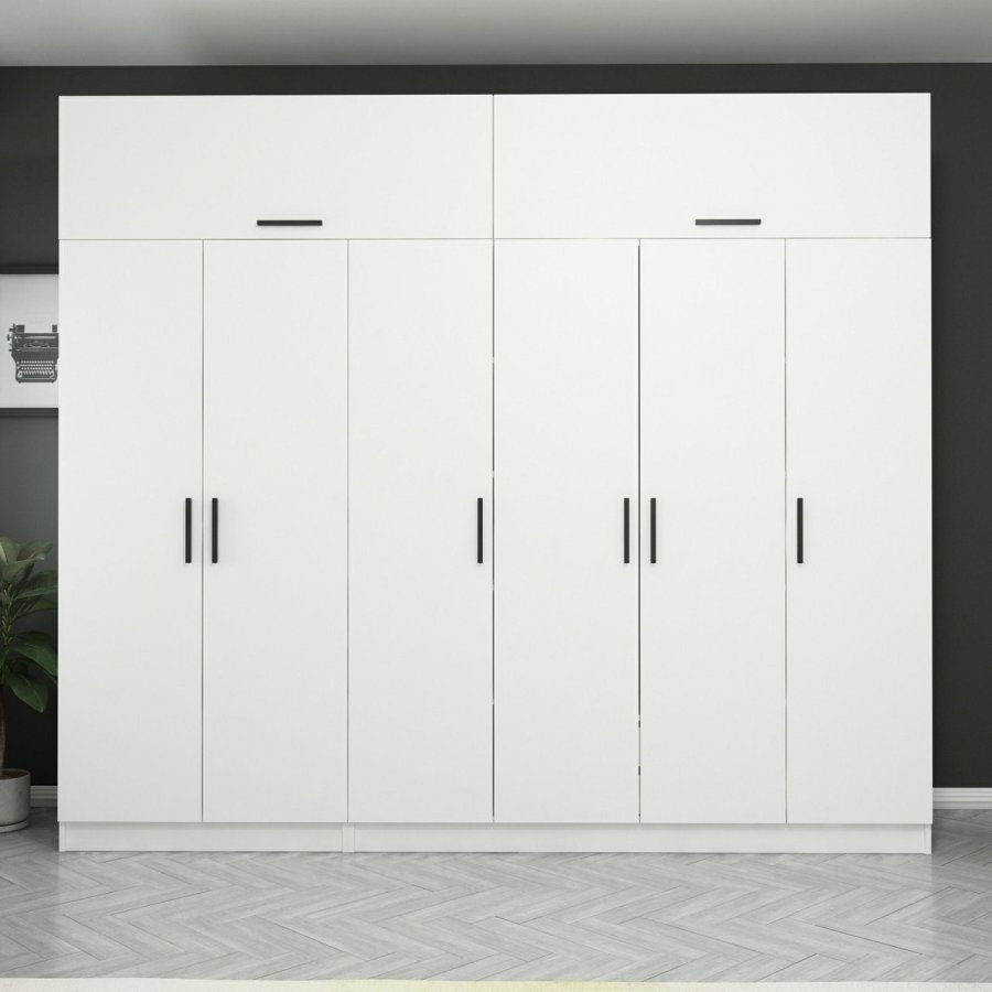 FUNZI LIVING 3086 garderobeskab, m. 8 lger, 3 bjlestnger, 2 skuffer, hylder - hvid melamin