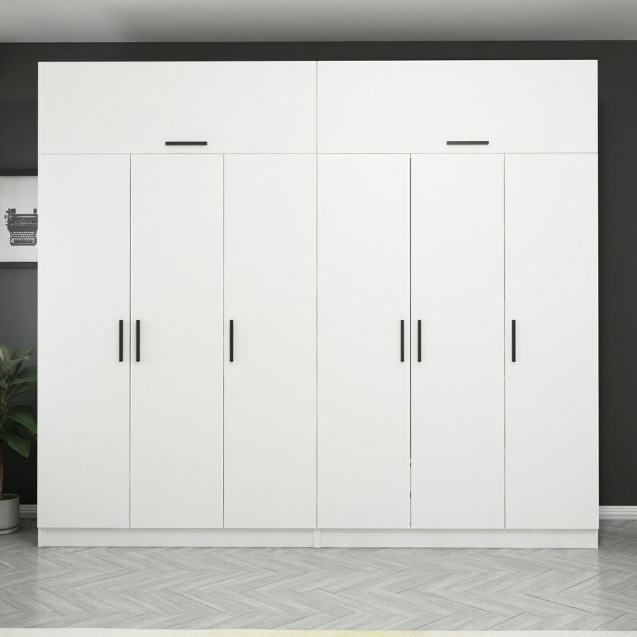 FUNZI LIVING 3932 garderobeskab, m. 8 lger, 2 bjlestnger, 4 skuffer, hylder - hvid melamin