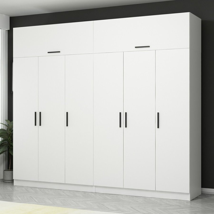 FUNZI LIVING 3932 garderobeskab, m. 8 lger, 2 bjlestnger, 4 skuffer, hylder - hvid melamin