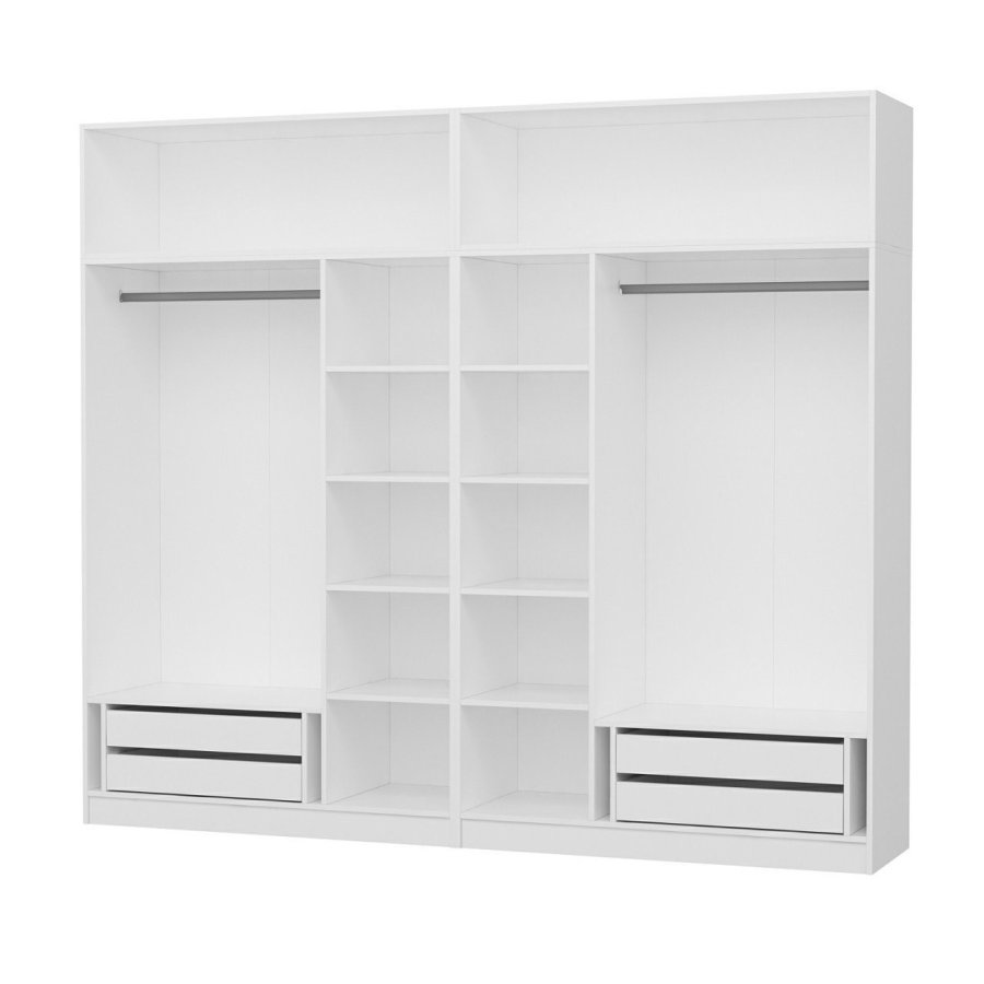 FUNZI LIVING 3932 garderobeskab, m. 8 lger, 2 bjlestnger, 4 skuffer, hylder - hvid melamin