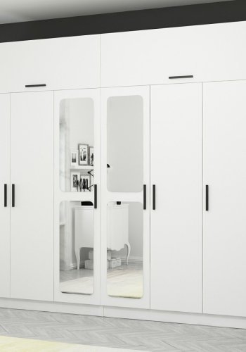 FUNZI LIVING 3100 garderobeskab, spejl, 8 lger, 2 bjlestnger, 4 skuffer, hylder - hvid melamin