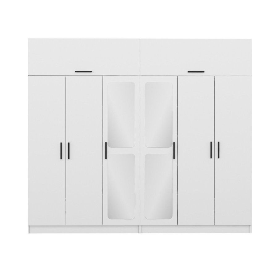 FUNZI LIVING 3100 garderobeskab, spejl, 8 lger, 2 bjlestnger, 4 skuffer, hylder - hvid melamin