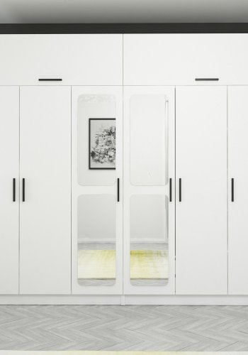 FUNZI LIVING 3945 garderobeskab, spejl, 8 lger, 2 bjlestnger, 4 skuffer, hylder - hvid melamin