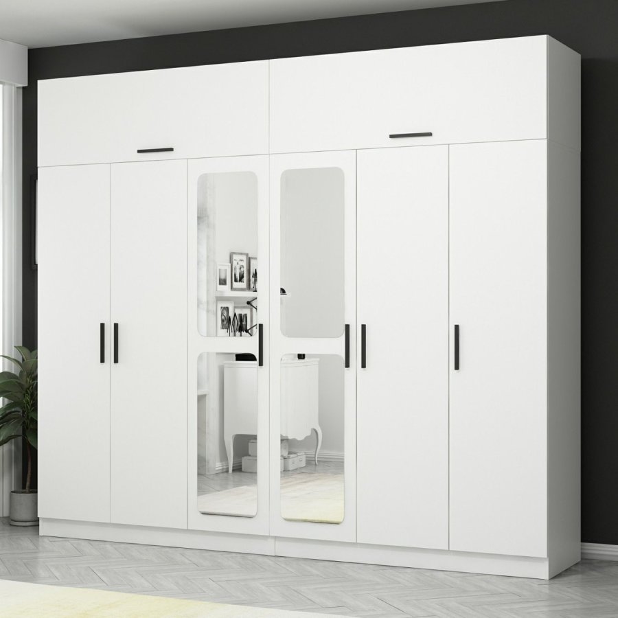 FUNZI LIVING 3945 garderobeskab, spejl, 8 lger, 2 bjlestnger, 4 skuffer, hylder - hvid melamin