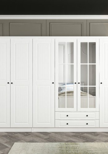 FUNZI LIVING 4019 garderobeskab, spejl, 6 lger, 3 bjlestnger, 2 skuffer, hylder - hvid melamin