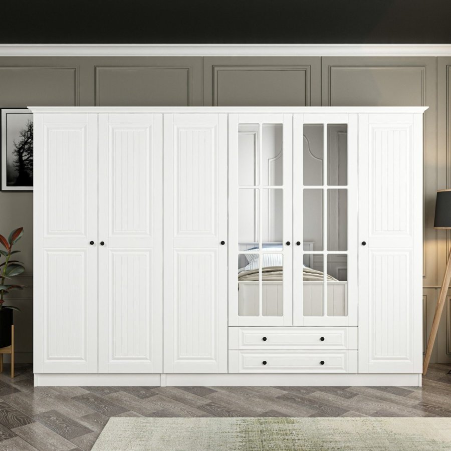 FUNZI LIVING 4019 garderobeskab, spejl, 6 lger, 3 bjlestnger, 2 skuffer, hylder - hvid melamin