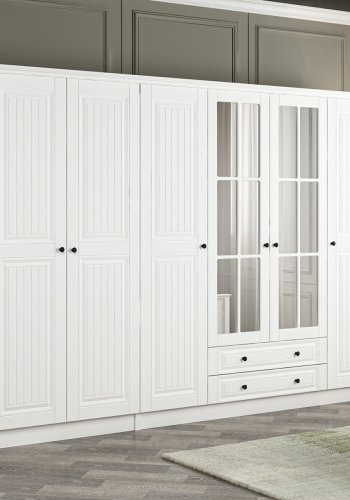 FUNZI LIVING 4019 garderobeskab, spejl, 6 lger, 3 bjlestnger, 2 skuffer, hylder - hvid melamin