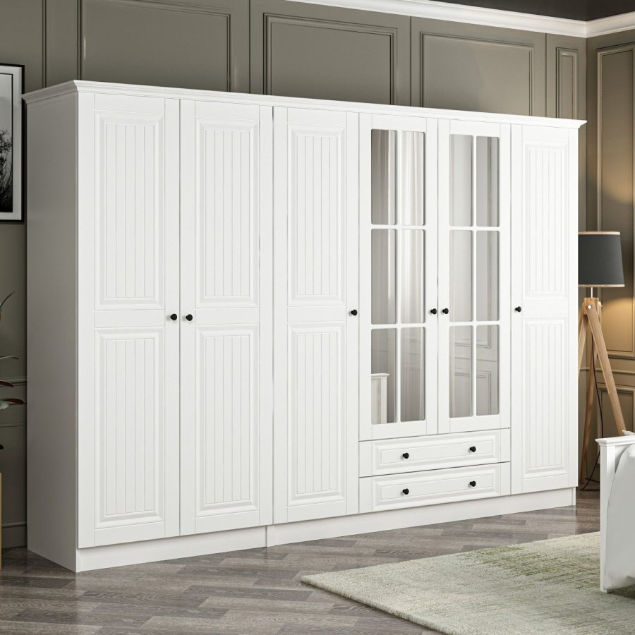 FUNZI LIVING 4019 garderobeskab, spejl, 6 lger, 3 bjlestnger, 2 skuffer, hylder - hvid melamin