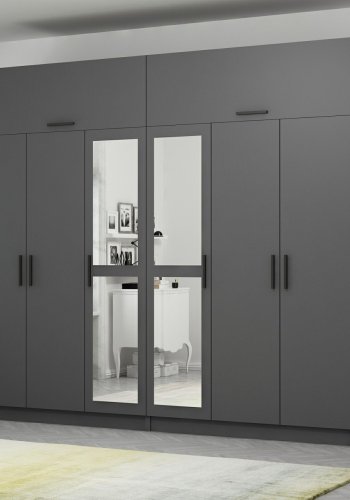 FUNZI LIVING 5189 garderobeskab, spejl, 8 lger, 2 bjlestnger, 4 skuffer - antracitgr melamin