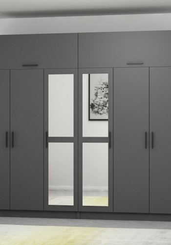 FUNZI LIVING 5280 garderobeskab, spejl, 8 lger, 2 bjlestnger, 4 skuffer - antracitgr melamin