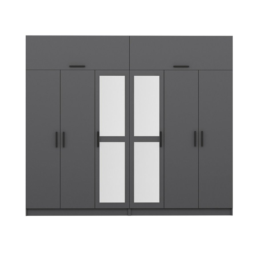 FUNZI LIVING 5280 garderobeskab, spejl, 8 lger, 2 bjlestnger, 4 skuffer - antracitgr melamin