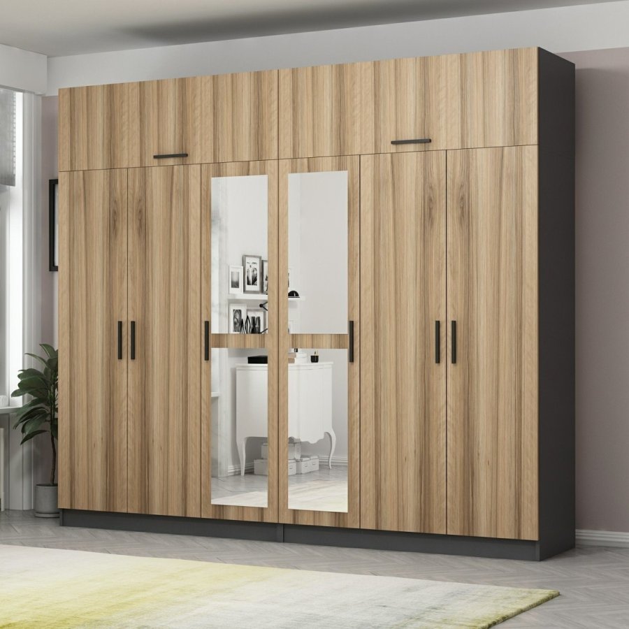 FUNZI LIVING 5216 garderobeskab, spejl, 8 lger, 2 bjlestnger, 4 skuffer - natur/antracit melamin