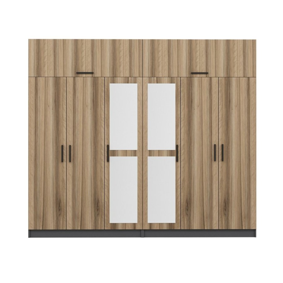 FUNZI LIVING 5216 garderobeskab, spejl, 8 lger, 2 bjlestnger, 4 skuffer - natur/antracit melamin