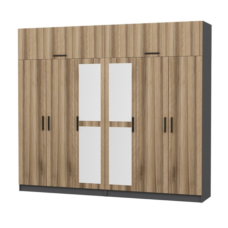 FUNZI LIVING 5216 garderobeskab, spejl, 8 lger, 2 bjlestnger, 4 skuffer - natur/antracit melamin