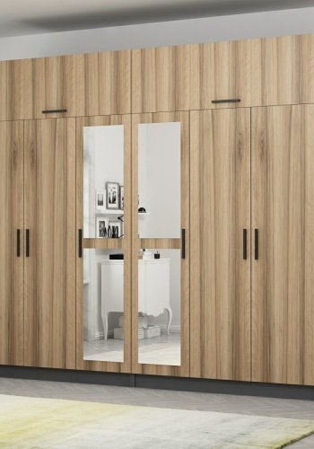 FUNZI LIVING 5307 garderobeskab, spejl, 8 lger, 2 bjlestnger, 4 skuffer - natur/antracit melamin