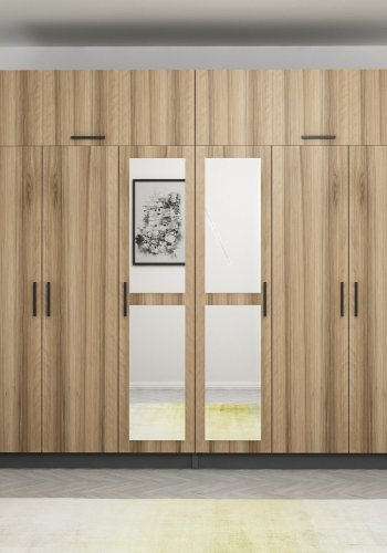 FUNZI LIVING 5307 garderobeskab, spejl, 8 lger, 2 bjlestnger, 4 skuffer - natur/antracit melamin