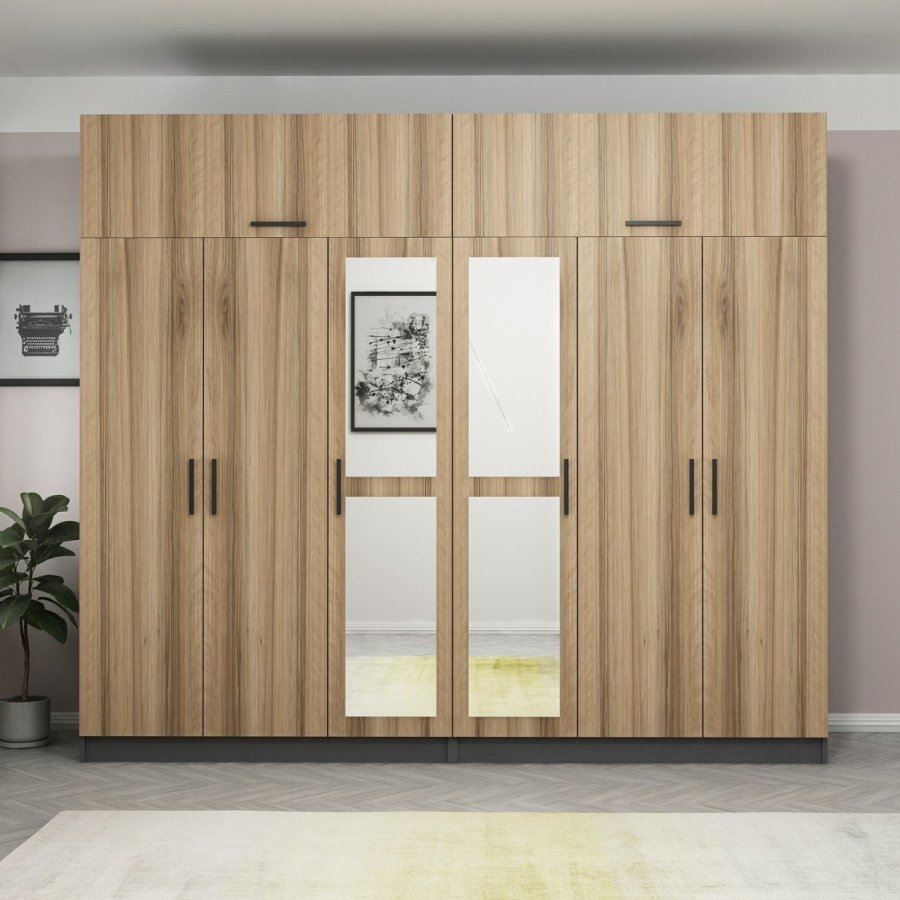 FUNZI LIVING 5307 garderobeskab, spejl, 8 lger, 2 bjlestnger, 4 skuffer - natur/antracit melamin