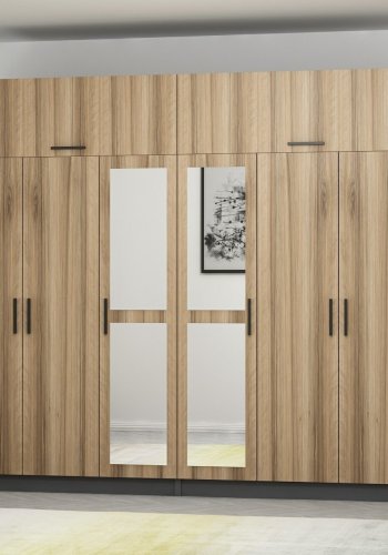 FUNZI LIVING 5307 garderobeskab, spejl, 8 lger, 2 bjlestnger, 4 skuffer - natur/antracit melamin