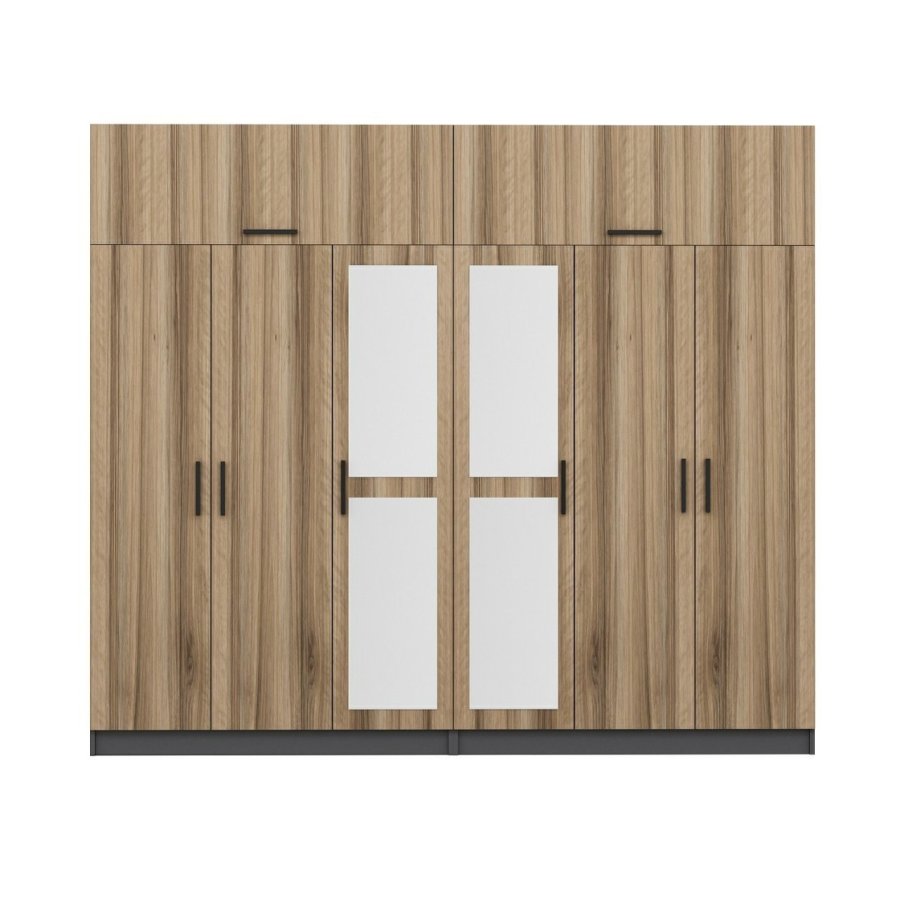 FUNZI LIVING 5307 garderobeskab, spejl, 8 lger, 2 bjlestnger, 4 skuffer - natur/antracit melamin