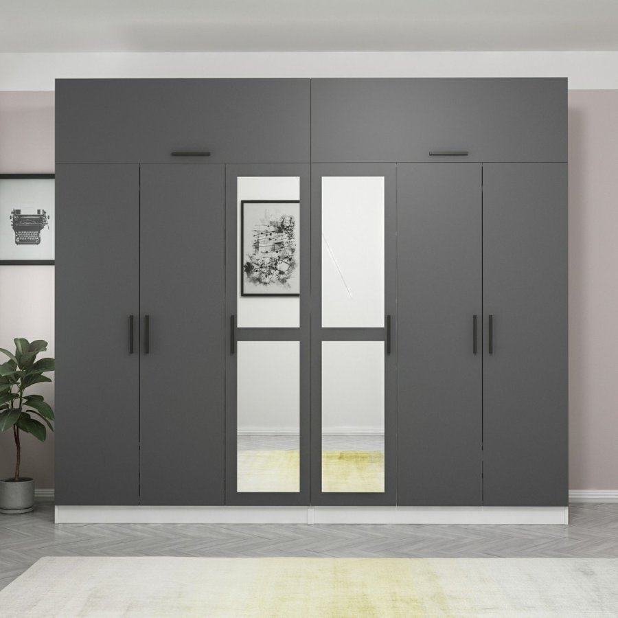 FUNZI LIVING 5162 garderobeskab, spejl, 8 lger, 2 bjlestnger, 4 skuffer - antracit/hvid melamin