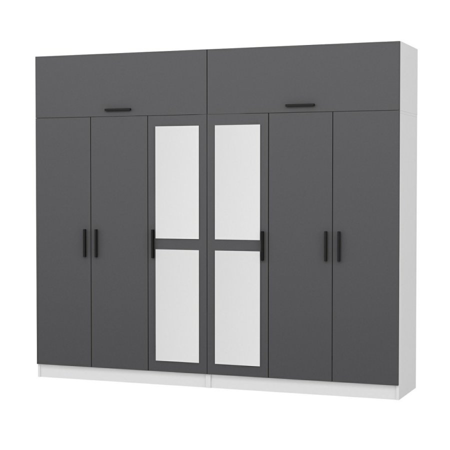 FUNZI LIVING 5162 garderobeskab, spejl, 8 lger, 2 bjlestnger, 4 skuffer - antracit/hvid melamin