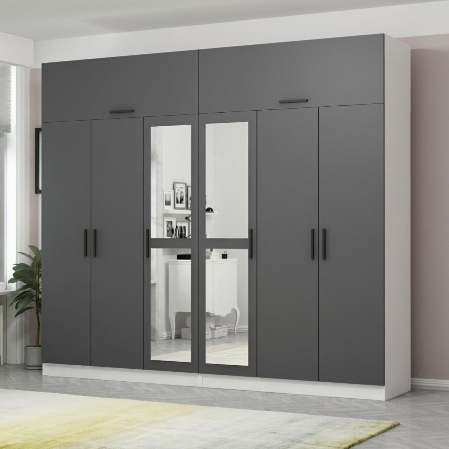 FUNZI LIVING 5253 garderobeskab, spejl, 8 lger, 2 bjlestnger, 4 skuffer - antracit/hvid melamin