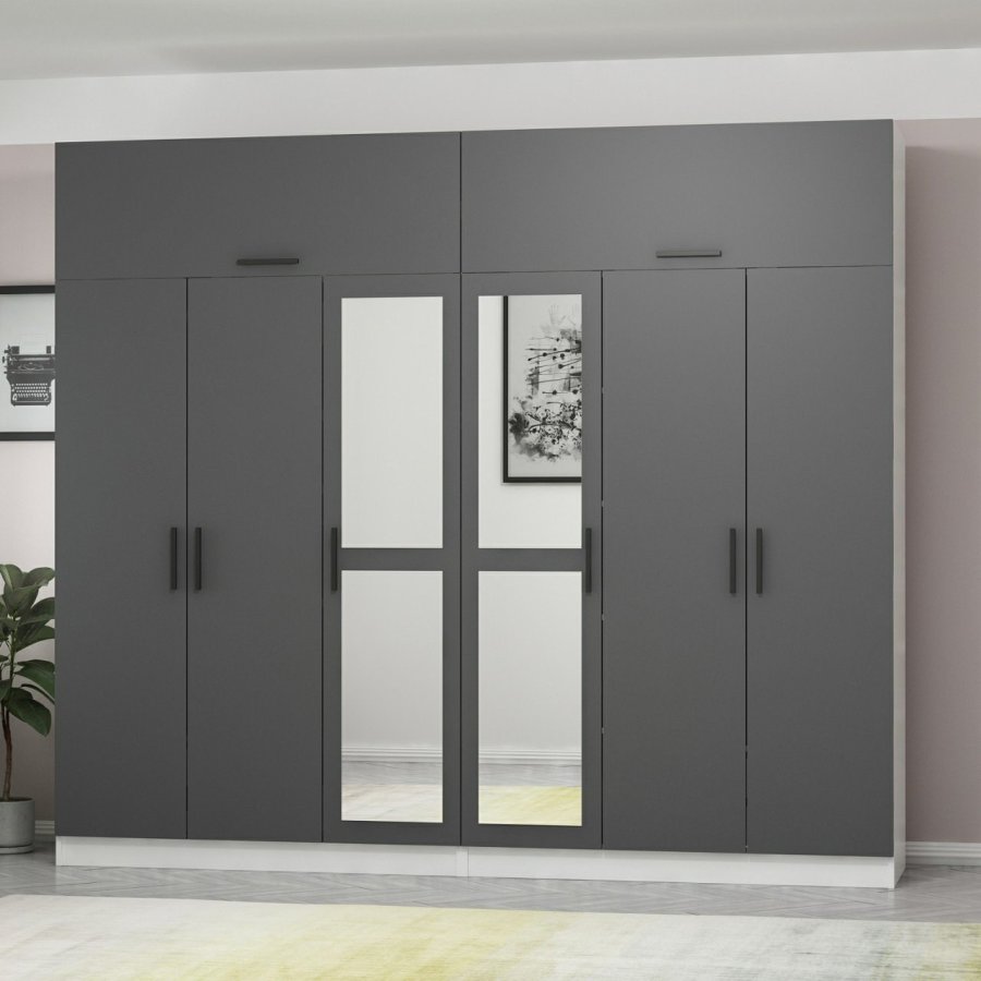 FUNZI LIVING 5253 garderobeskab, spejl, 8 lger, 2 bjlestnger, 4 skuffer - antracit/hvid melamin