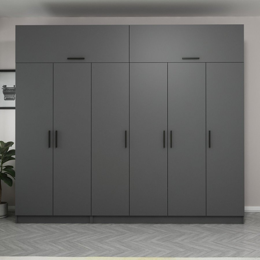 FUNZI LIVING 5175 garderobeskab, 8 lger, 3 bjlestnger, 2 skuffer, hylder - antracitgr melamin