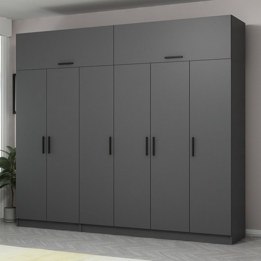 FUNZI LIVING 5175 garderobeskab, 8 lger, 3 bjlestnger, 2 skuffer, hylder - antracitgr melamin