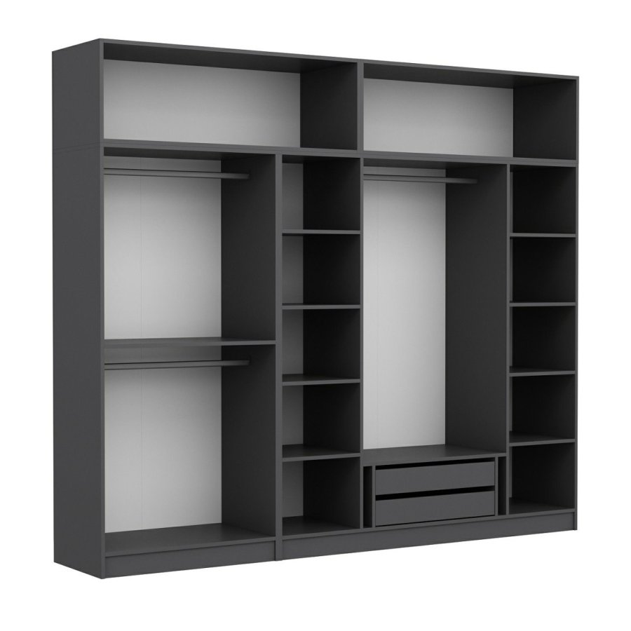 FUNZI LIVING 5175 garderobeskab, 8 lger, 3 bjlestnger, 2 skuffer, hylder - antracitgr melamin