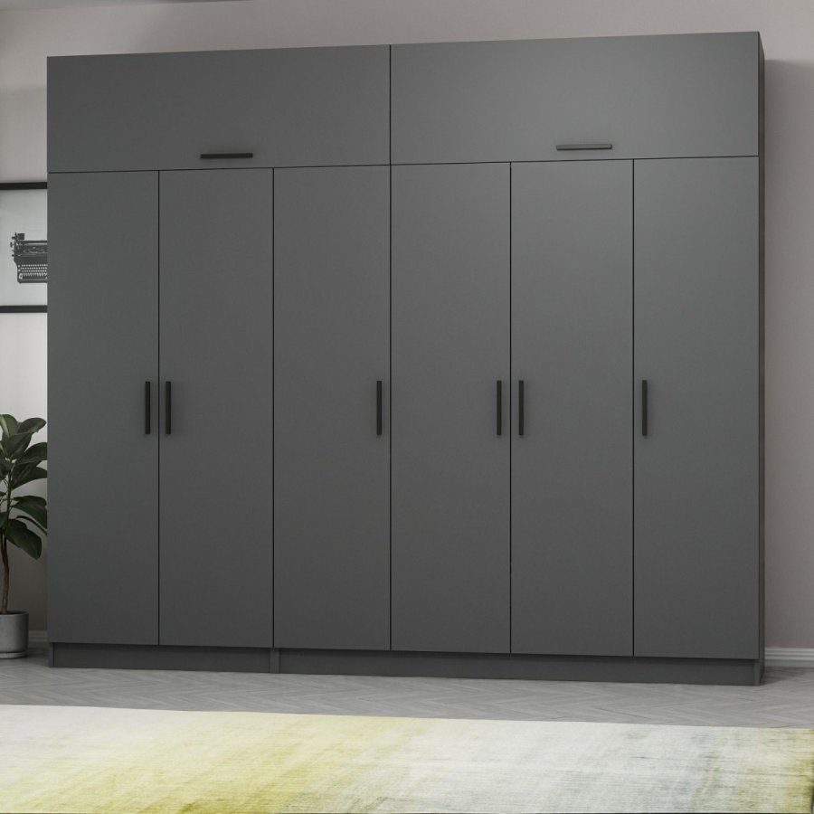 FUNZI LIVING 5266 garderobeskab, 8 lger, 3 bjlestnger, 2 skuffer, hylder - antracitgr melamin