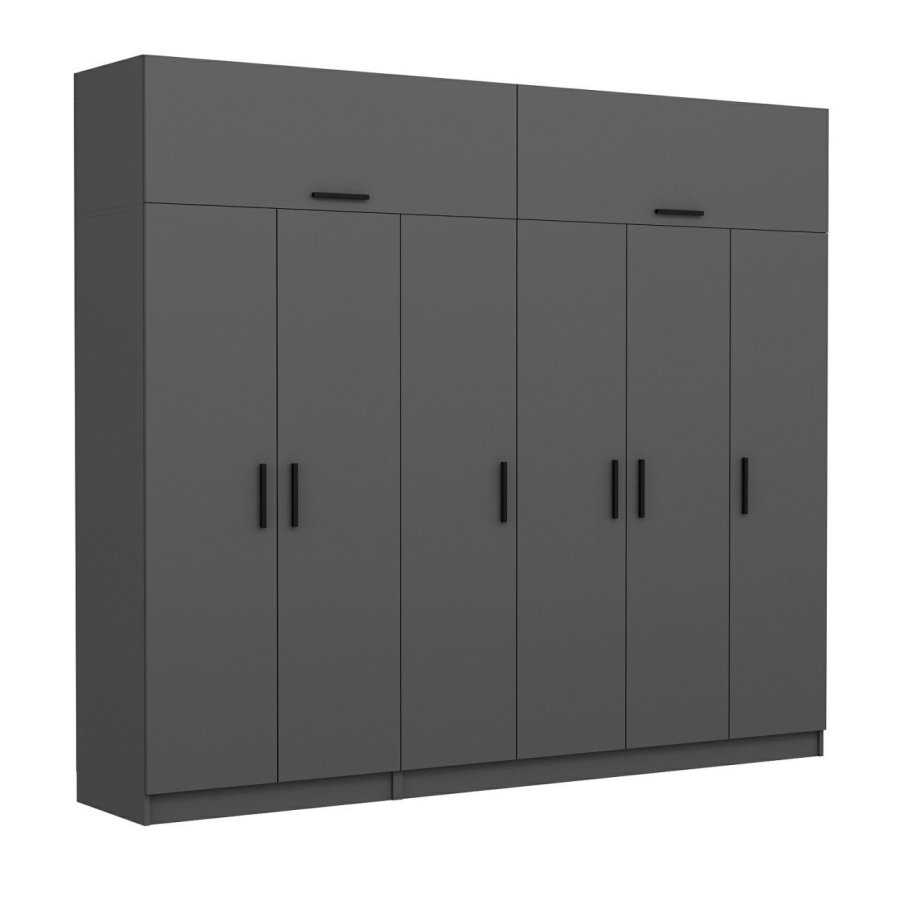 FUNZI LIVING 5266 garderobeskab, 8 lger, 3 bjlestnger, 2 skuffer, hylder - antracitgr melamin