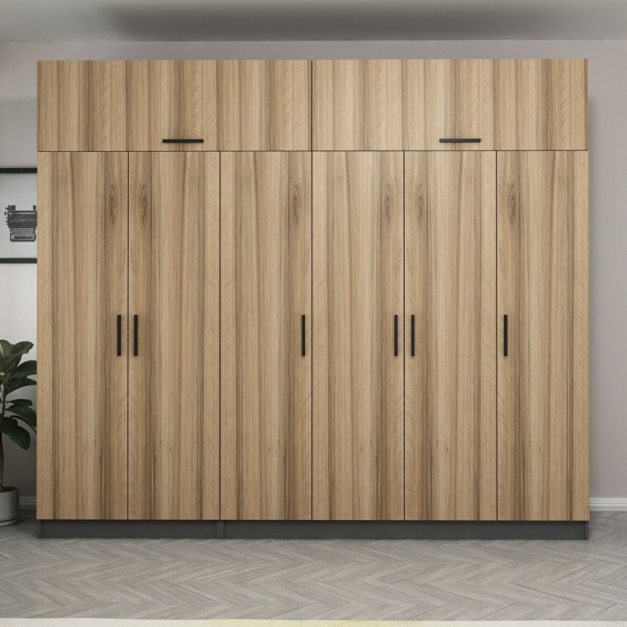 FUNZI LIVING 5202 garderobeskab, 8 lger, 3 bjlestnger, 2 skuffer, hylder - natur/antracit melamin