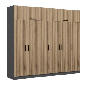 FUNZI LIVING 5202 garderobeskab, 8 lger, 3 bjlestnger, 2 skuffer, hylder - natur/antracit melamin