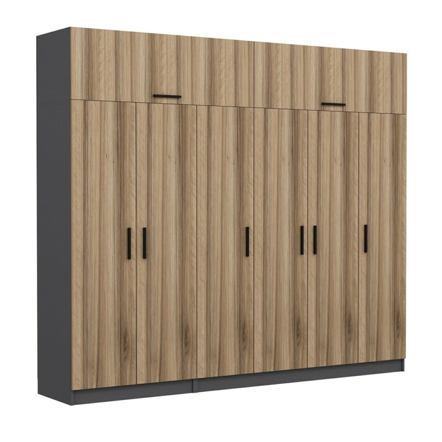 FUNZI LIVING 5202 garderobeskab, 8 lger, 3 bjlestnger, 2 skuffer, hylder - natur/antracit melamin