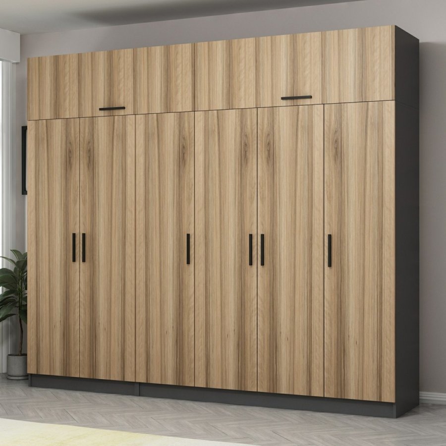 FUNZI LIVING 5293 garderobeskab, 8 lger, 3 bjlestnger, 2 skuffer, hylder - natur/antracit melamin