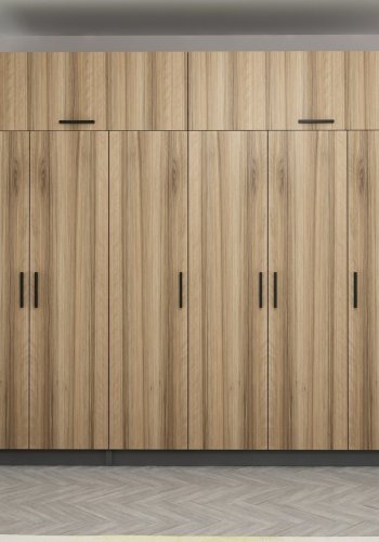 FUNZI LIVING 5293 garderobeskab, 8 lger, 3 bjlestnger, 2 skuffer, hylder - natur/antracit melamin