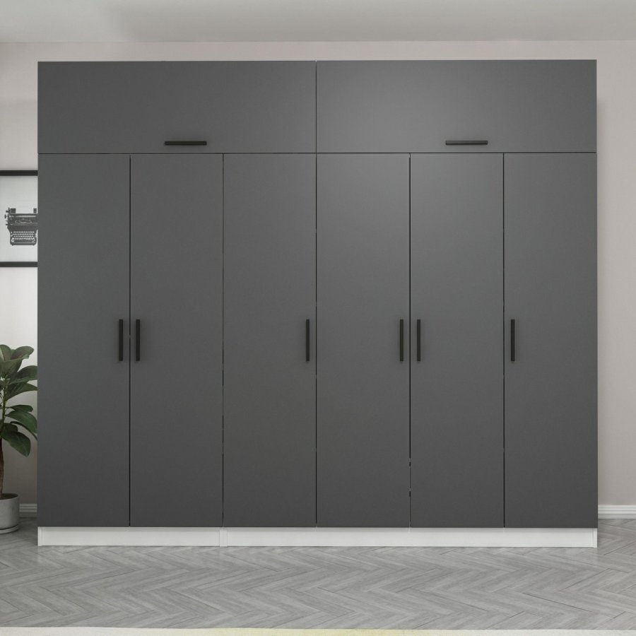 FUNZI LIVING 5148 garderobeskab, 8 lger, 3 bjlestnger, 2 skuffer, hylder - antracit/hvid melamin