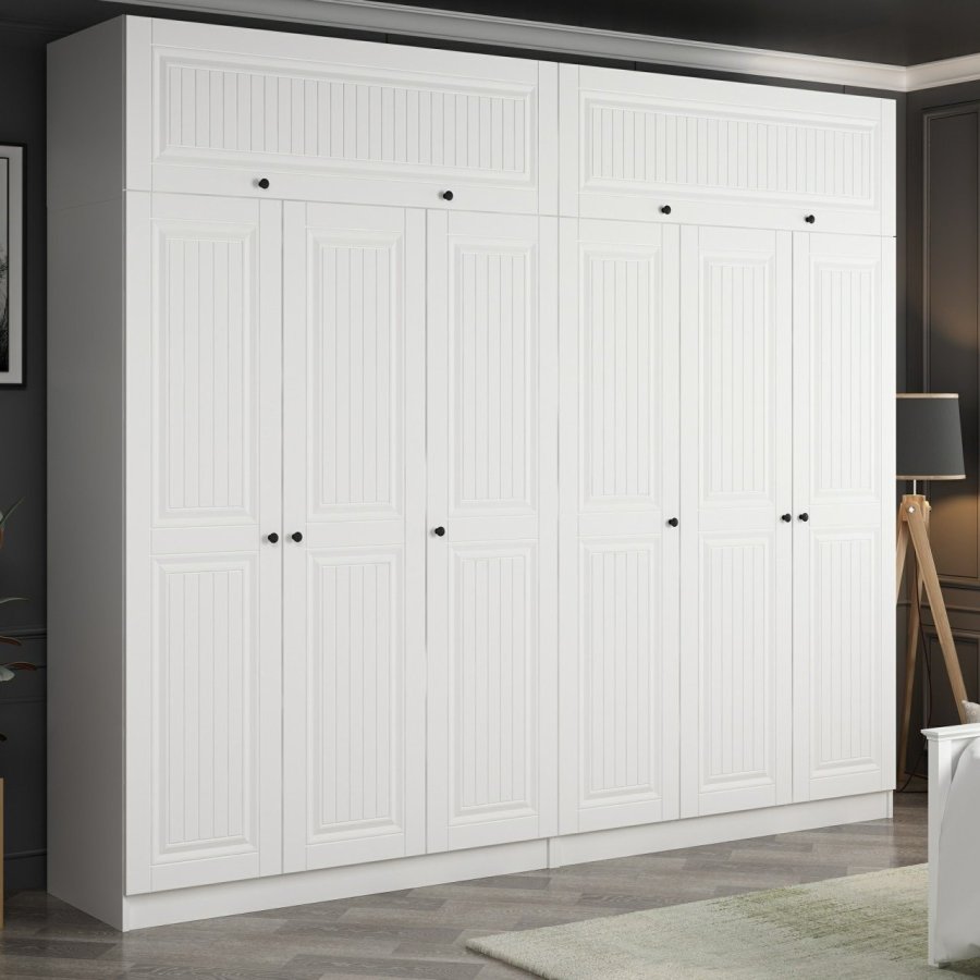 FUNZI LIVING 5139 garderobeskab, 8 lger, 2 bjlestnger, 4 skuffer, hylder - hvid melamin