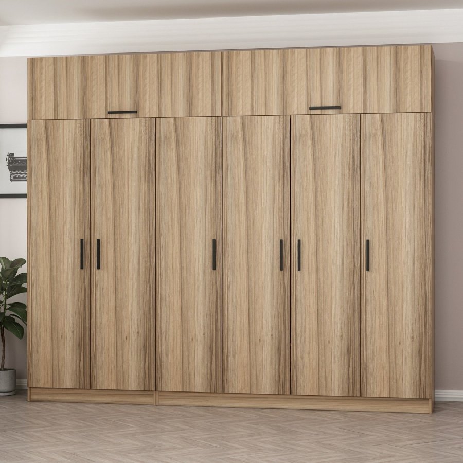 FUNZI LIVING 7520 garderobeskab, 8 lger, 3 bjlestnger, 2 skuffer, hylder - natur melamin