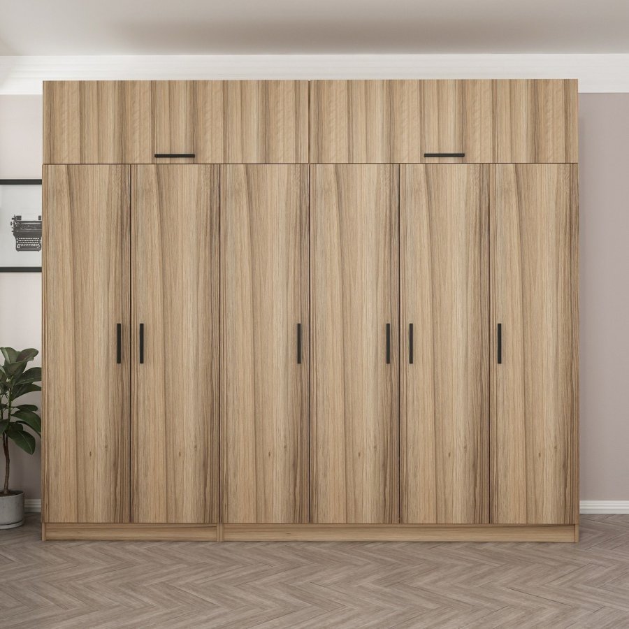 FUNZI LIVING 7710 garderobeskab, 8 lger, 3 bjlestnger, 2 skuffer, hylder - natur melamin