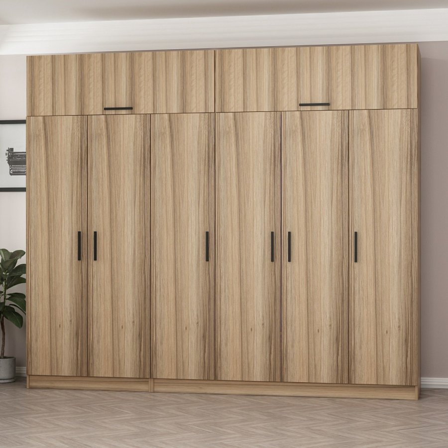 FUNZI LIVING 7710 garderobeskab, 8 lger, 3 bjlestnger, 2 skuffer, hylder - natur melamin