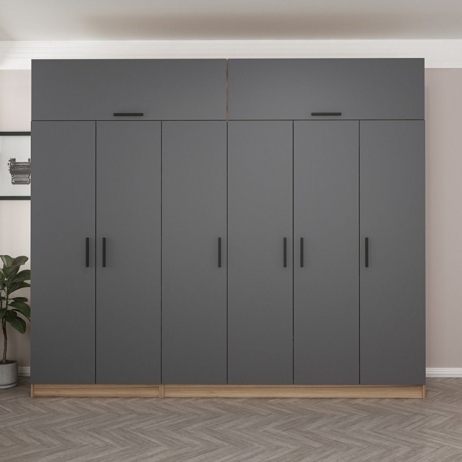 FUNZI LIVING 7530 garderobeskab, 8 lger, 3 bjlestnger, 2 skuffer, hylder - antracit/natur melamin