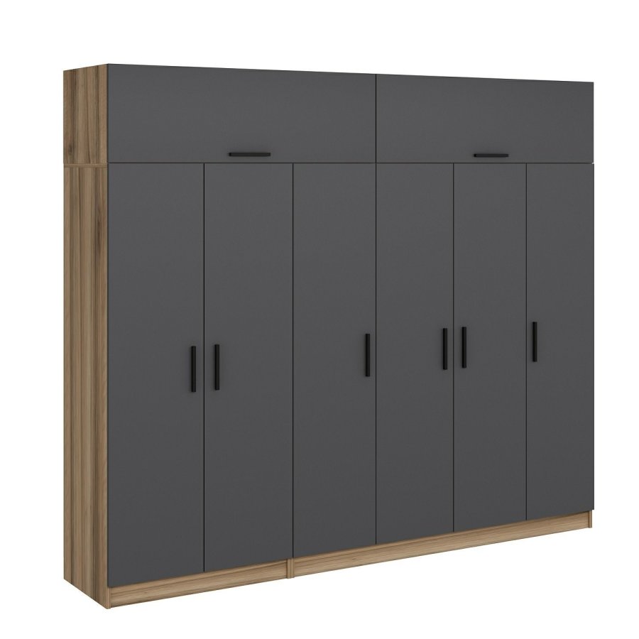 FUNZI LIVING 7530 garderobeskab, 8 lger, 3 bjlestnger, 2 skuffer, hylder - antracit/natur melamin