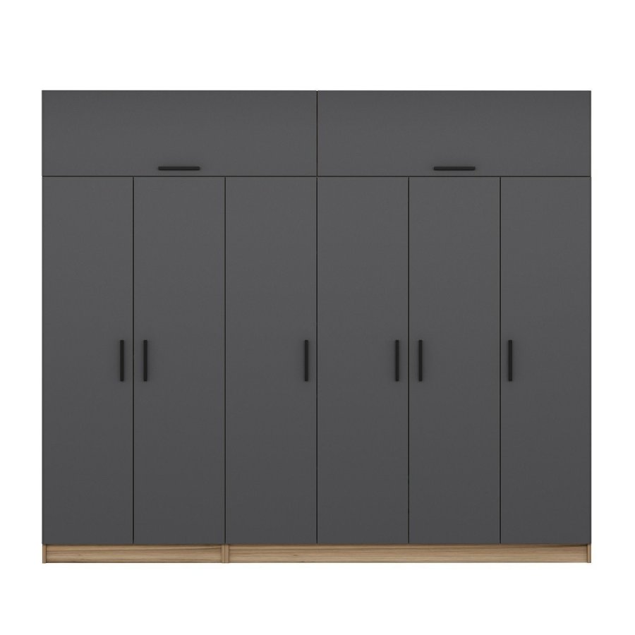 FUNZI LIVING 7530 garderobeskab, 8 lger, 3 bjlestnger, 2 skuffer, hylder - antracit/natur melamin