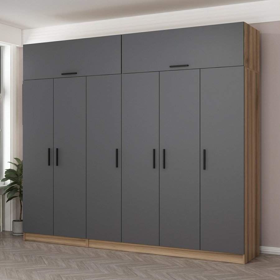 FUNZI LIVING 7720 garderobeskab, 8 lger, 3 bjlestnger, 2 skuffer, hylder - antracit/natur melamin