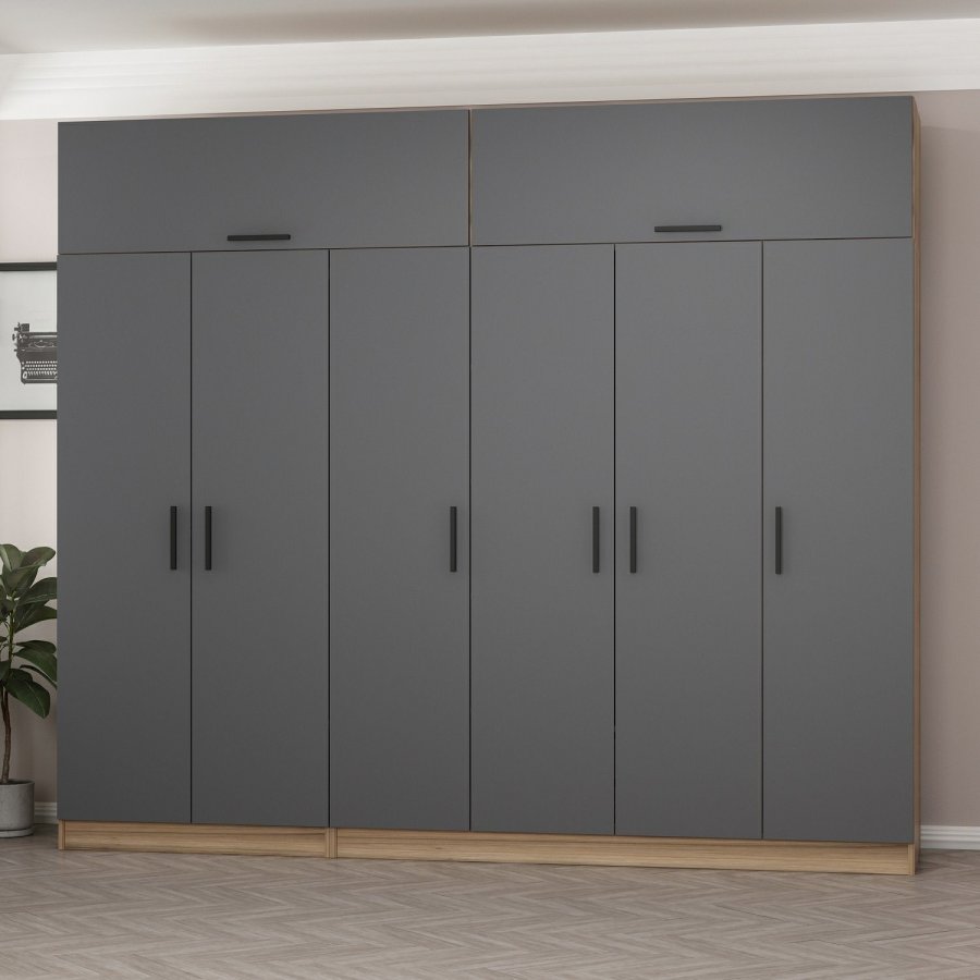 FUNZI LIVING 7720 garderobeskab, 8 lger, 3 bjlestnger, 2 skuffer, hylder - antracit/natur melamin