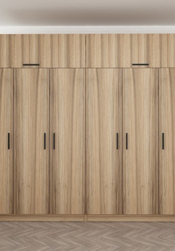 FUNZI LIVING 7521 garderobeskab, 8 lger, 2 bjlestnger, 4 skuffer, hylder - natur melamin