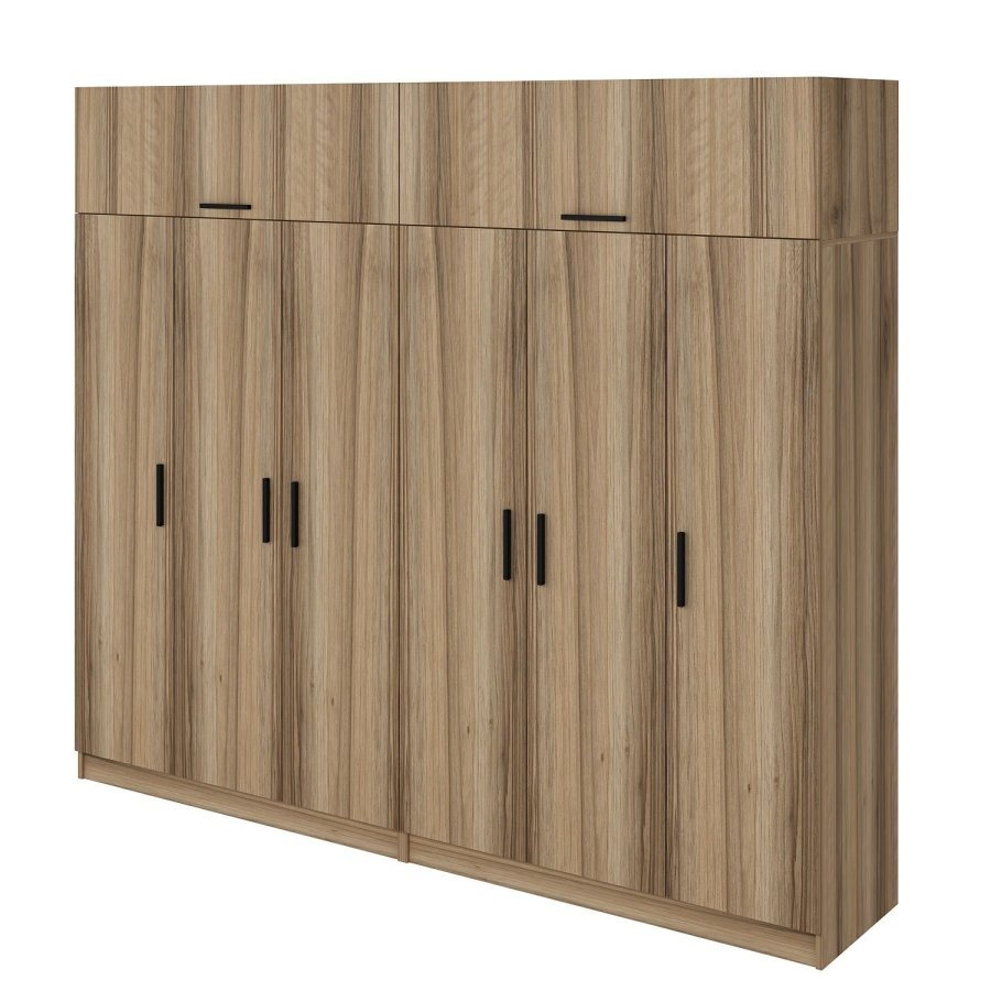 FUNZI LIVING 7521 garderobeskab, 8 lger, 2 bjlestnger, 4 skuffer, hylder - natur melamin